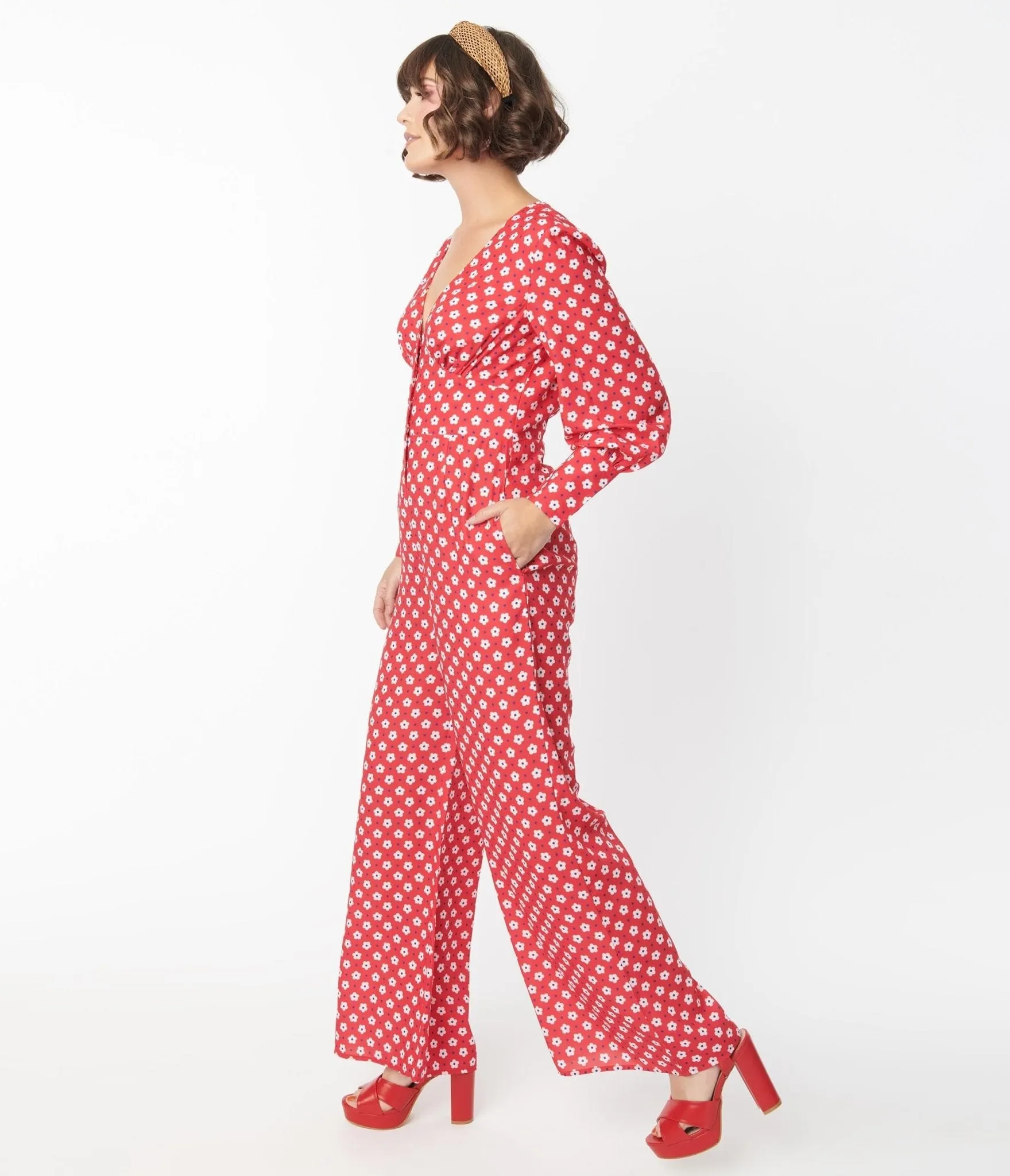 1970s Red & Hawana Floral Print Jumpsuit