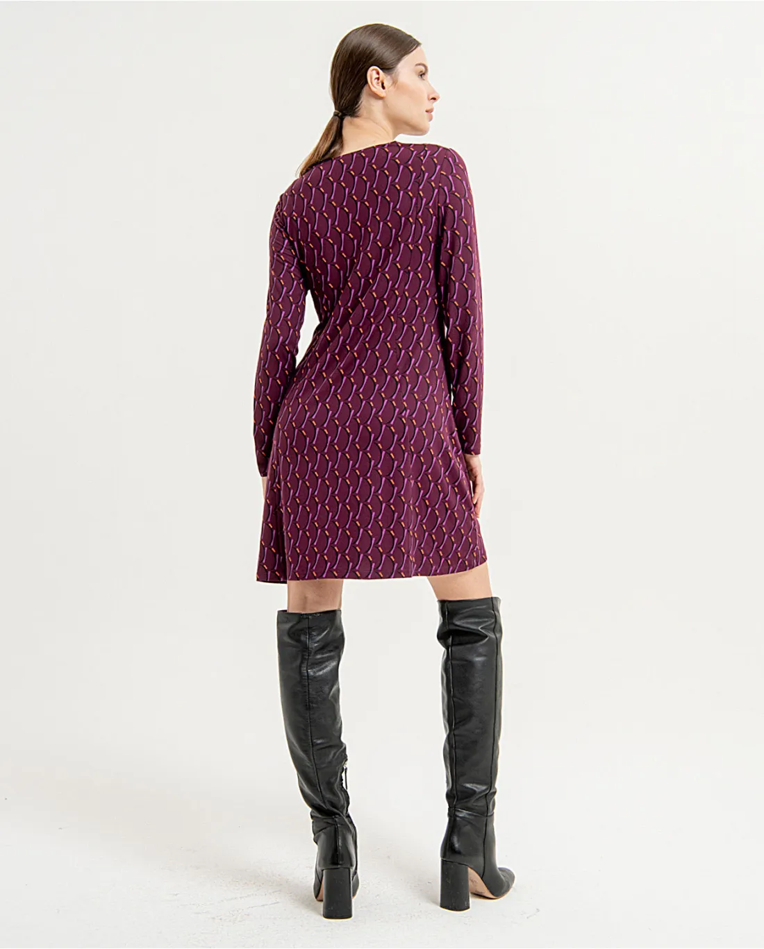 716- Long Sleeve VNeck Printed Dress- Purple- Surkana