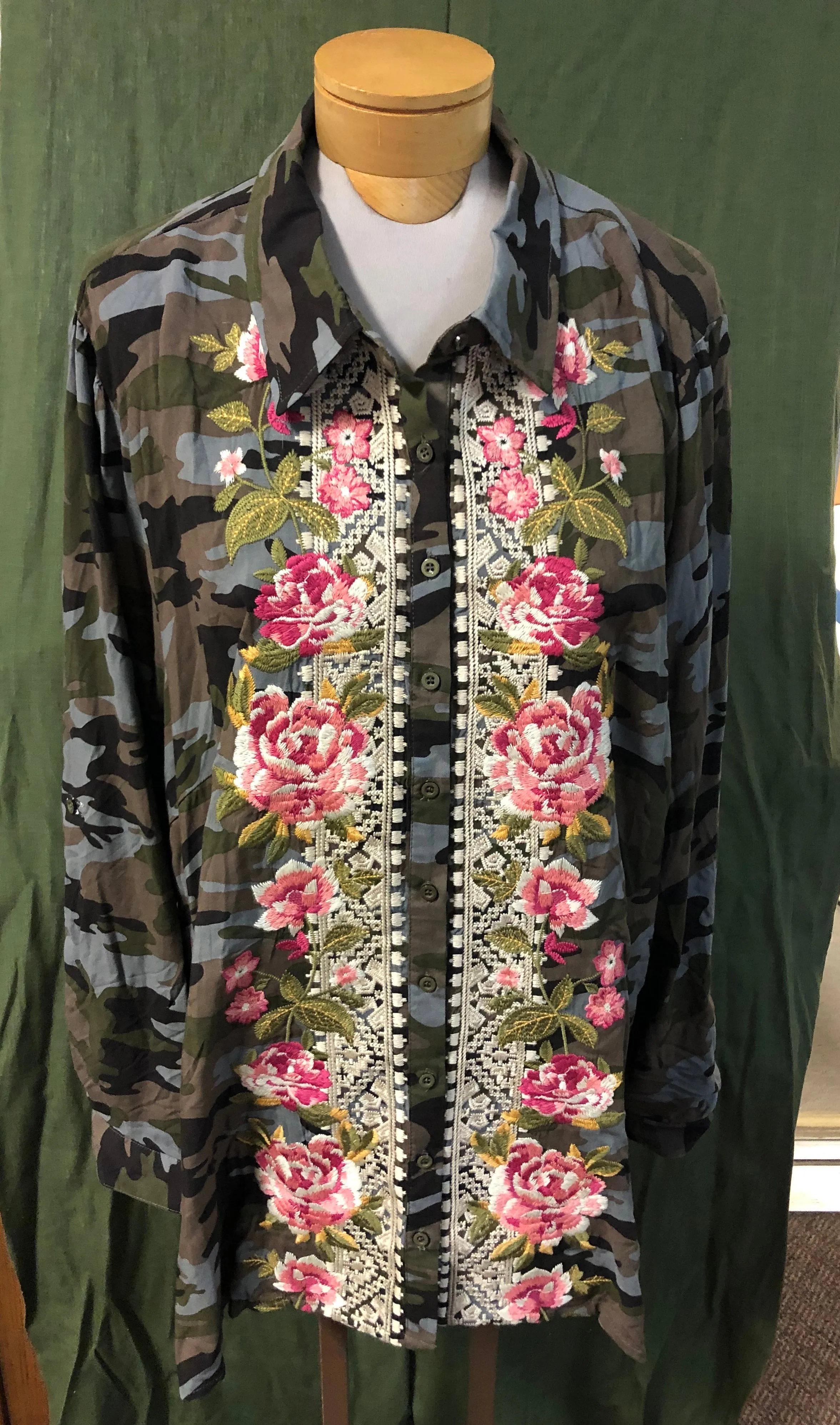 Andre Camo with embroidery ladies blouse. $12.49 after discount