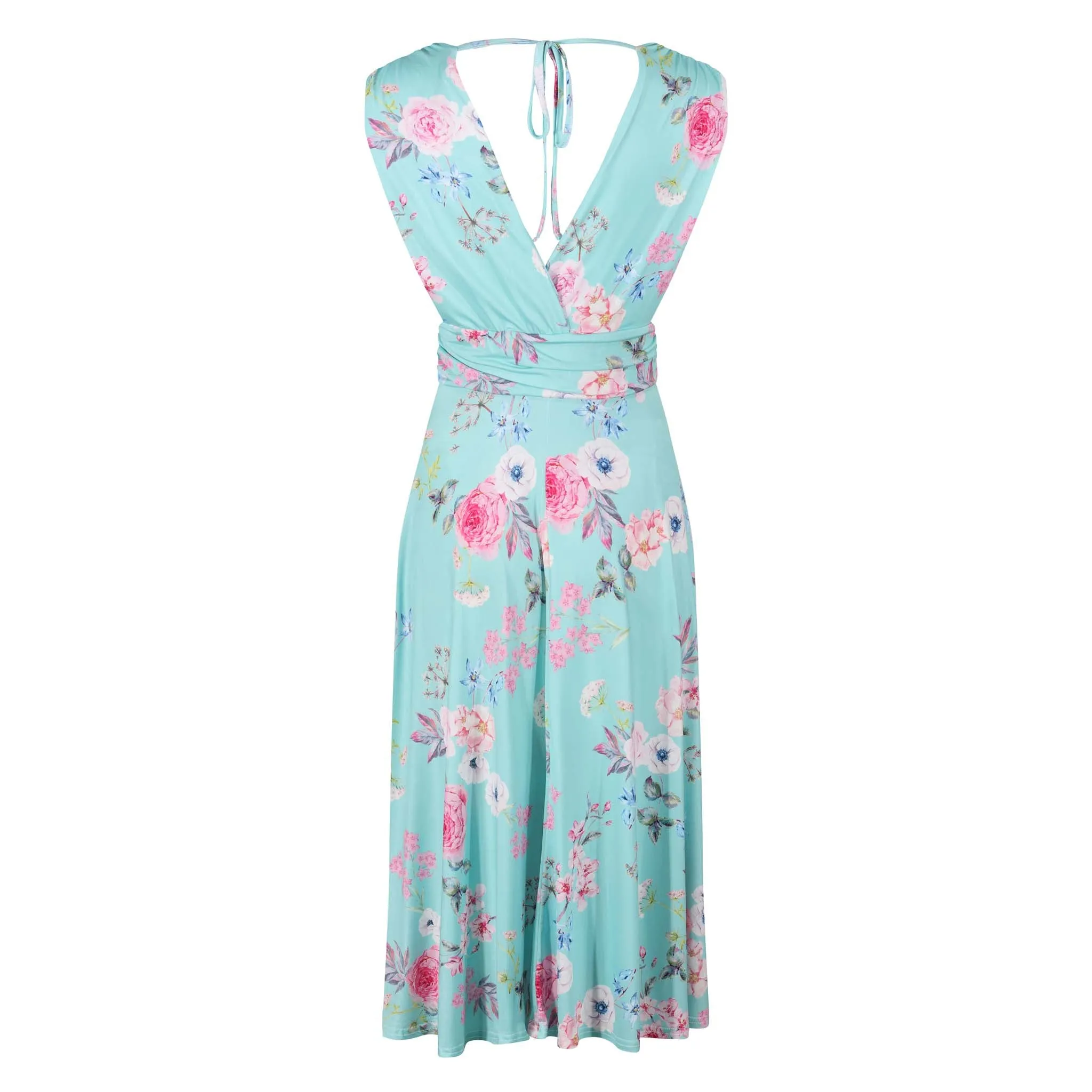 Aqua Mint Floral Print V Neck Crossover Top Empire Waist Swing Dress