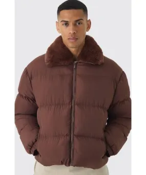 boohoo Mens Boxy Faux Fur Collar Puffer Jacket In Chocolate