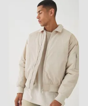 boohoo Mens Satin Collared Bomber Jacket In Ecru