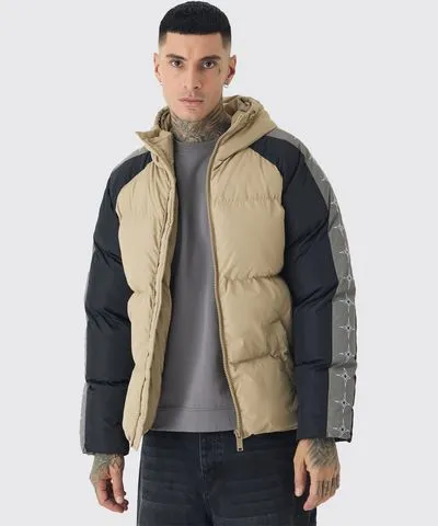 boohoo Mens Tall Worldwide Hooded Color Block Puffer Jacket In Stone