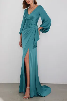 Casual Trumpet V-Neck Long Sleeve With Side Slit Formal Cocktail Dress QM3387