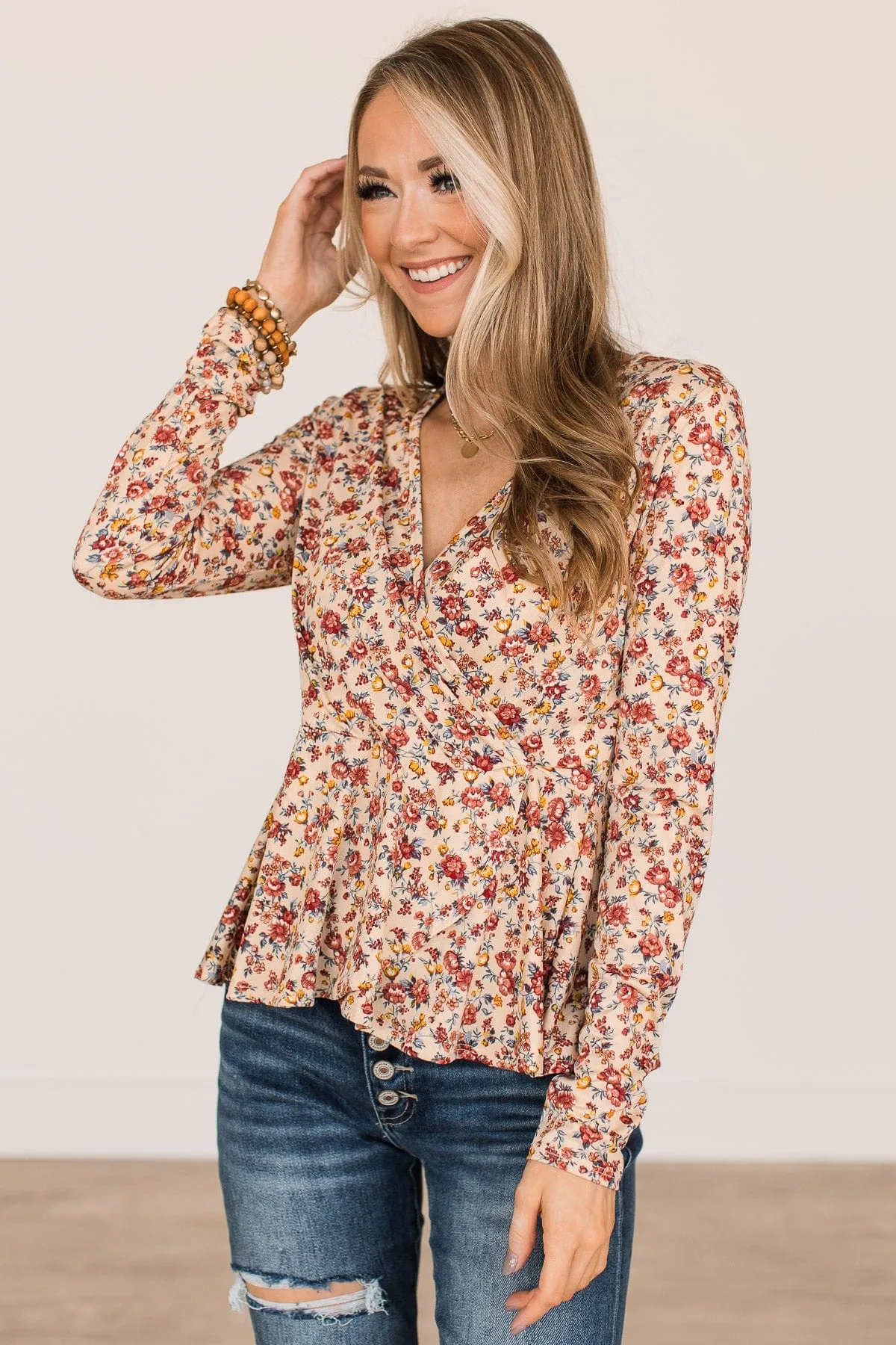 Cherish Today Floral Wrap Blouse- Cream