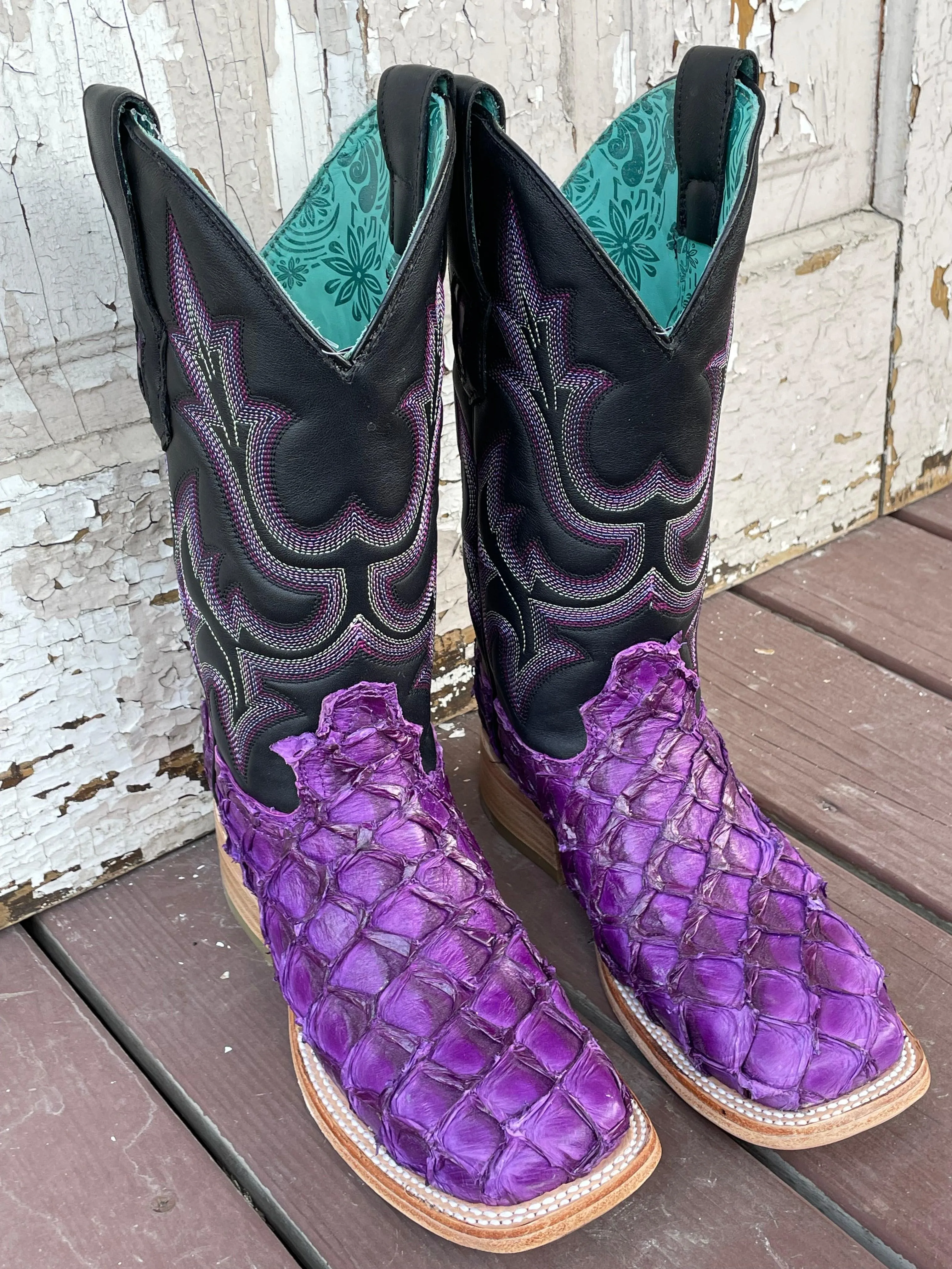 Corral Women's Purple & Black Big Bass Pirarucu Arapaima Square Toe Cowgirl Boots A4385