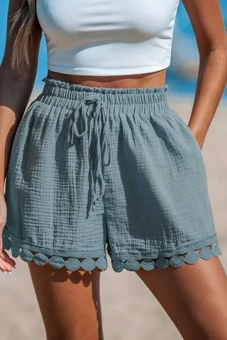 Cupshe Light Blue Elastic Waist Ornate Hem Shorts