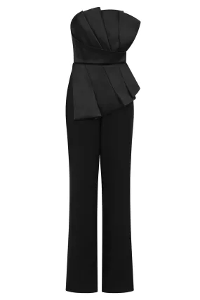 ELARA Asymmetric Pleated Frill Straight Leg Jumpsuit in Black