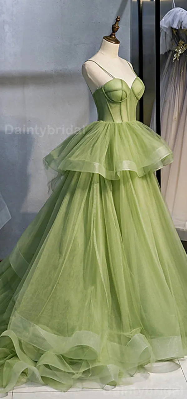 Elegant Spaghetti Straps A-line Tulle Long Evening Prom Dress Online, OL096