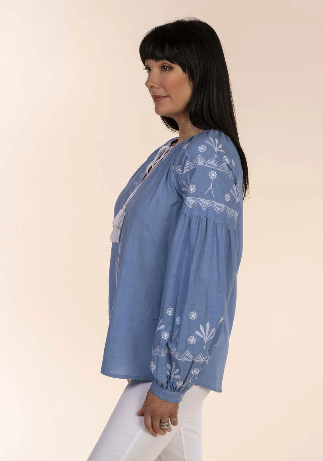 Embroid Yoke Cheesecloth Blouse - Blue