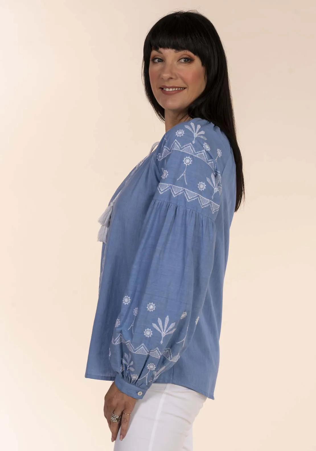 Embroid Yoke Cheesecloth Blouse - Blue