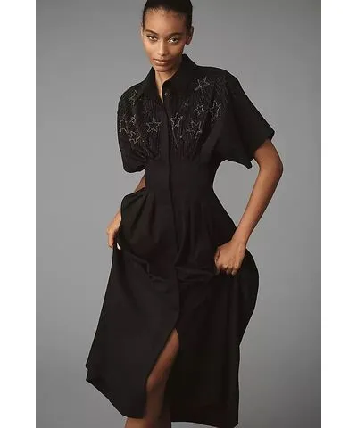 Exquise The Tobie Button-Front Pleated Shirt Dress by Exquise: Embellished Edition