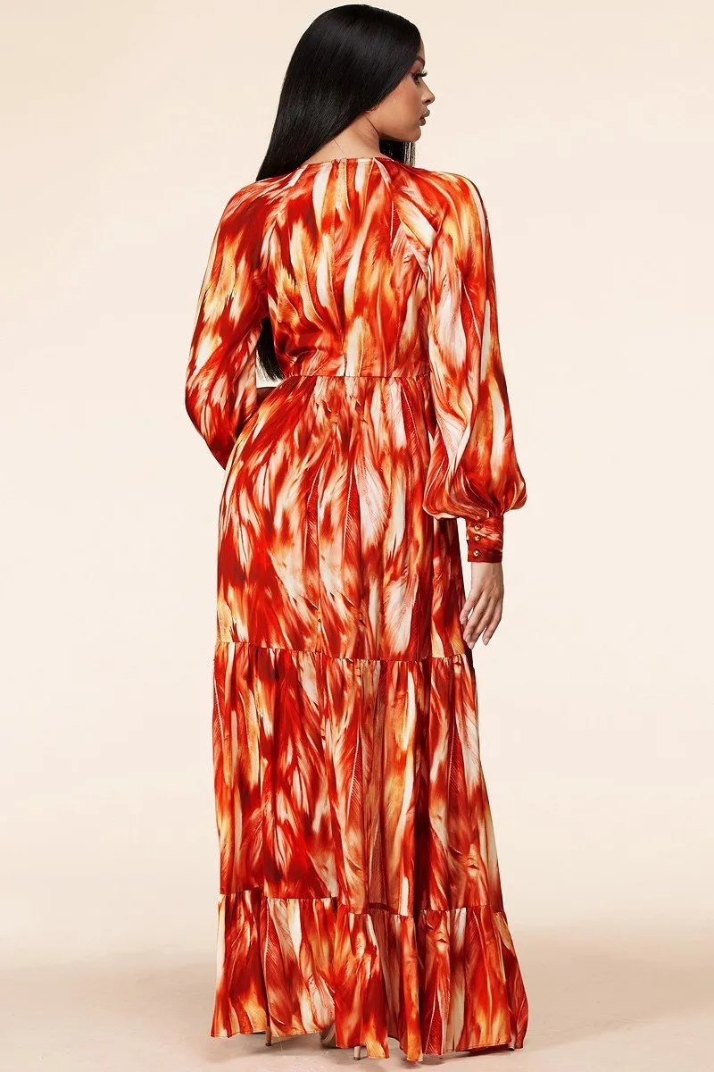 Fire Print Long Sleeve Maxi Dress