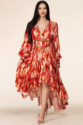 Fire Print Long Sleeve Maxi Dress