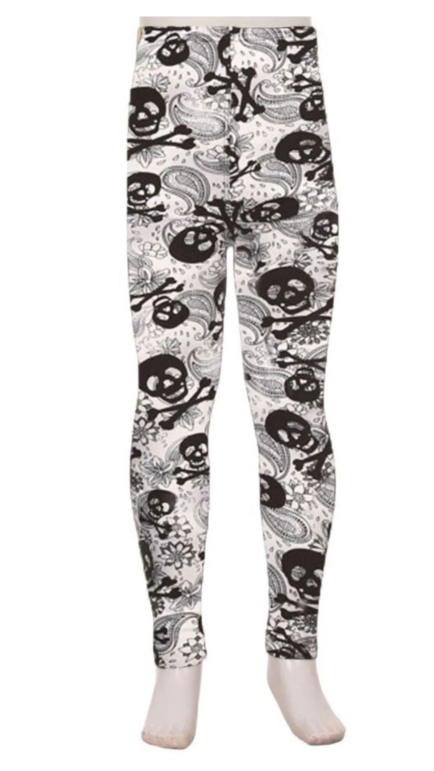 Girls Paisley Skull Leggings, Kids Yoga Pants, Sizes S/L, No-Roll Waist, White/Black