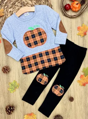 Girls Plaid Pumpkin Elbow Patch Tunic And Knee Patch Legging Set