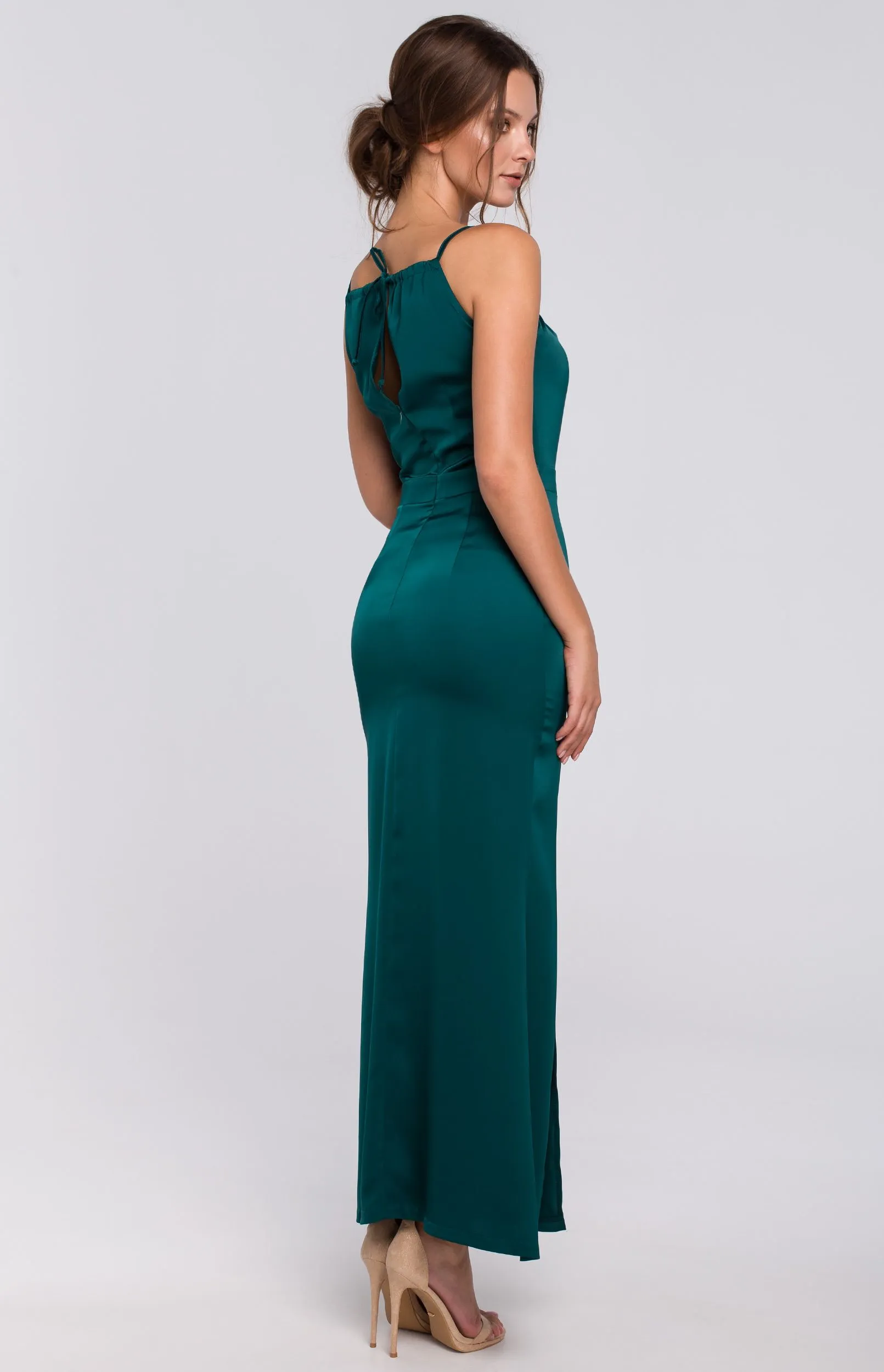 Green long slit dress