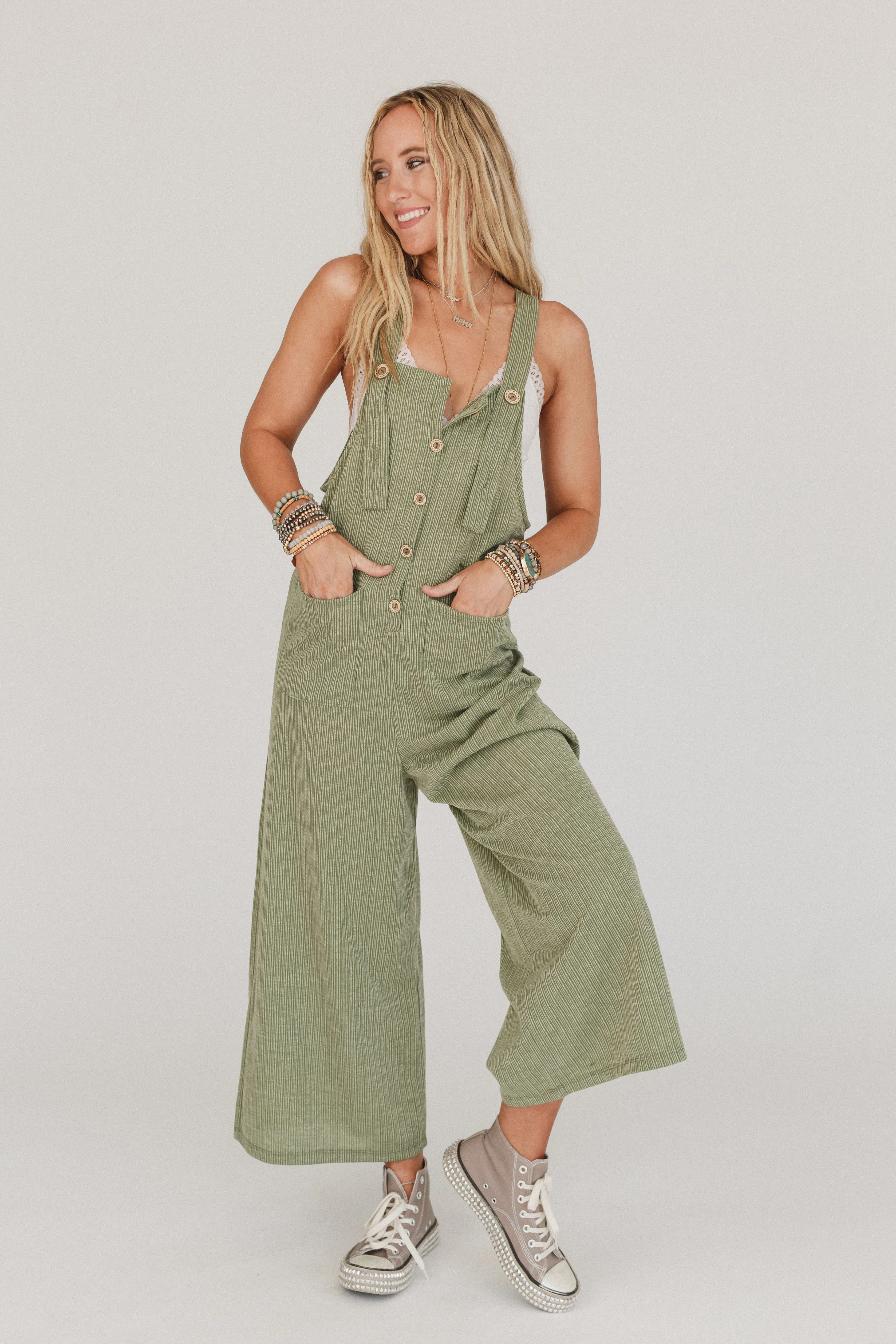 High Hopes Button Up Overalls - Light Olive