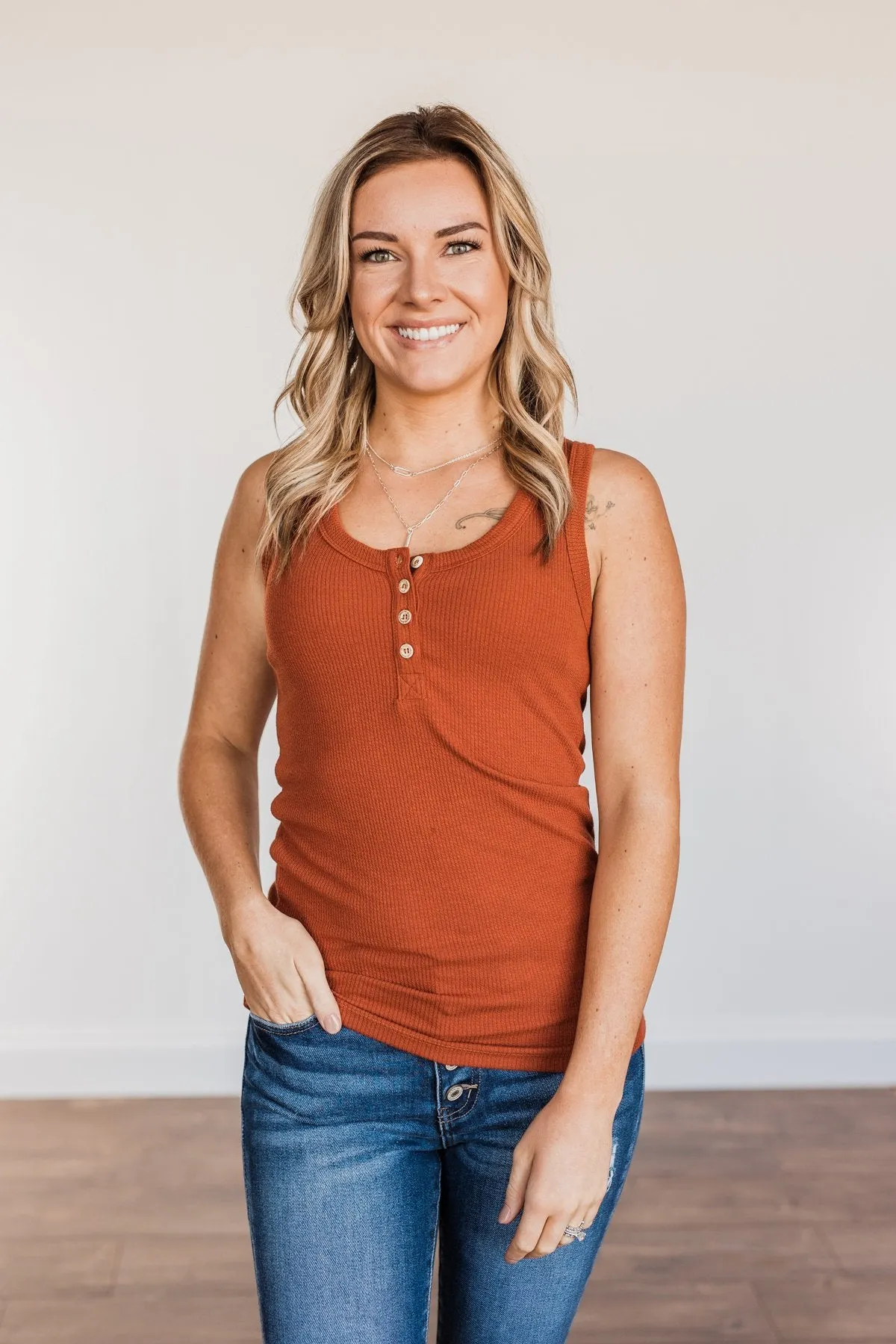 In My Feelings Henley Tank Top- Burnt Orange