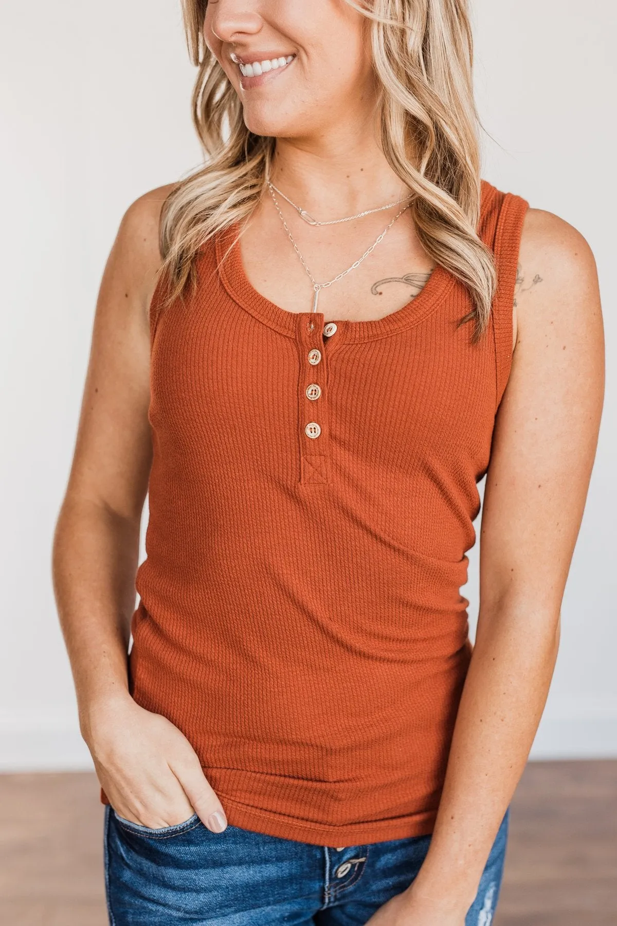 In My Feelings Henley Tank Top- Burnt Orange