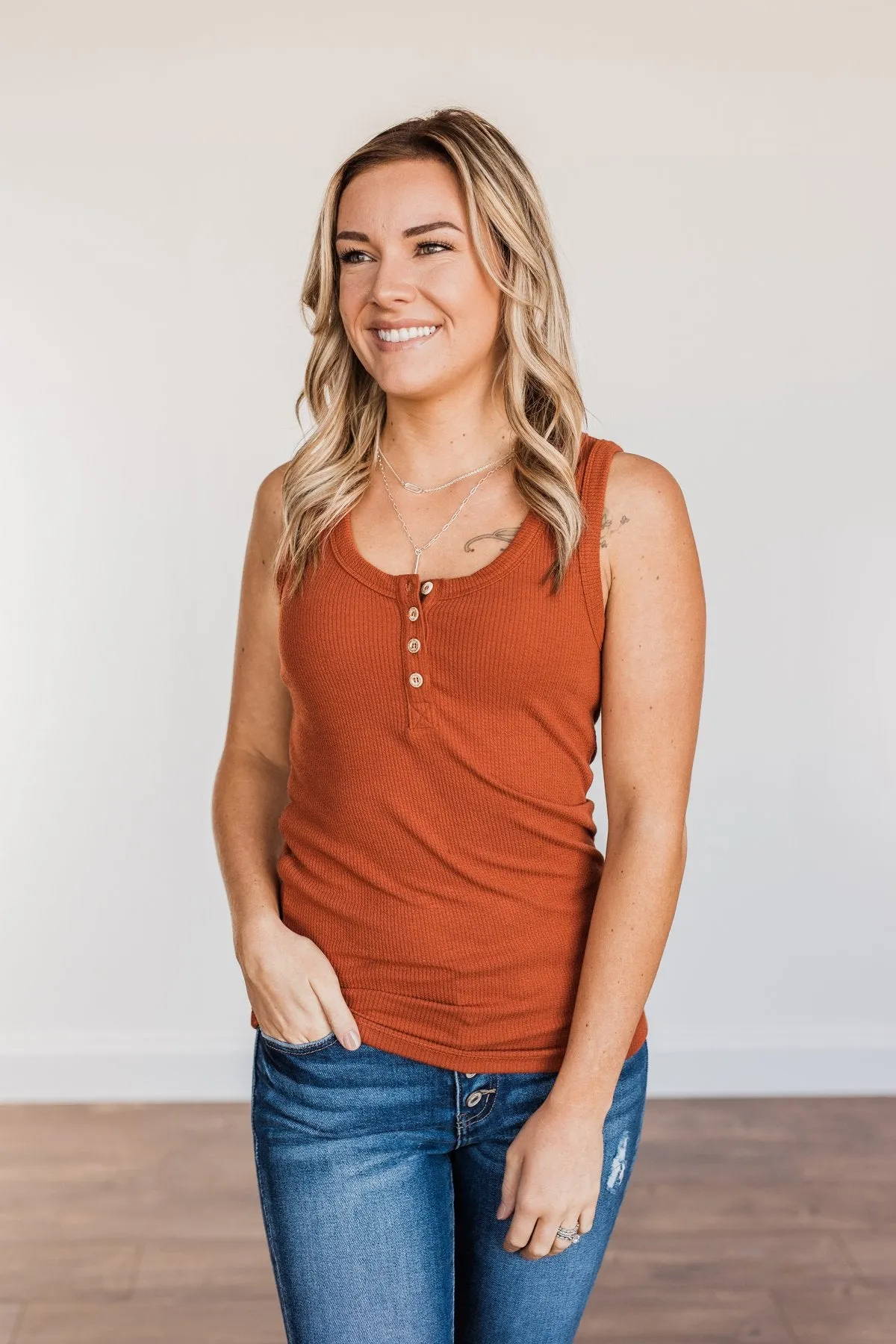 In My Feelings Henley Tank Top- Burnt Orange