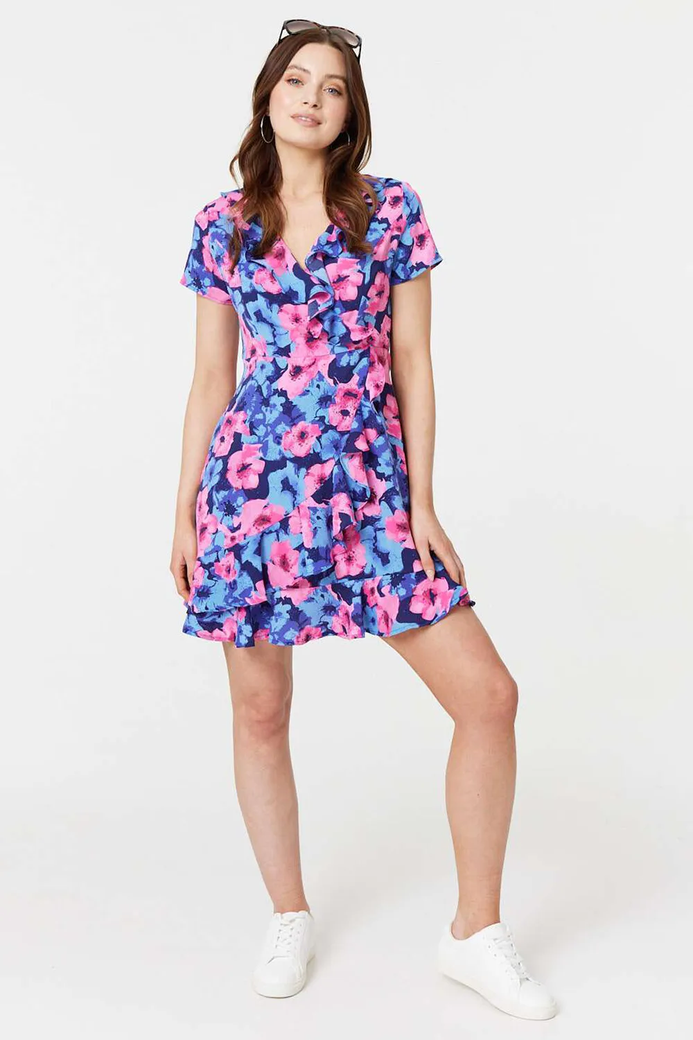 Izabel London – Floral Frill Faux Wrap Short Dress