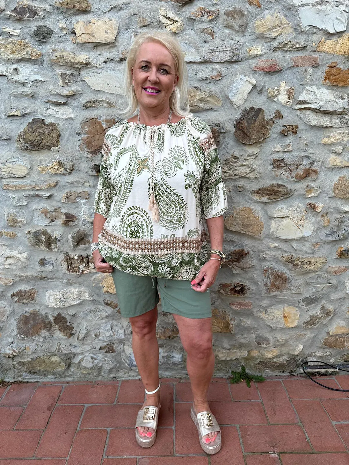 Khaki Paisley Bardot Tassel Blouse Maria