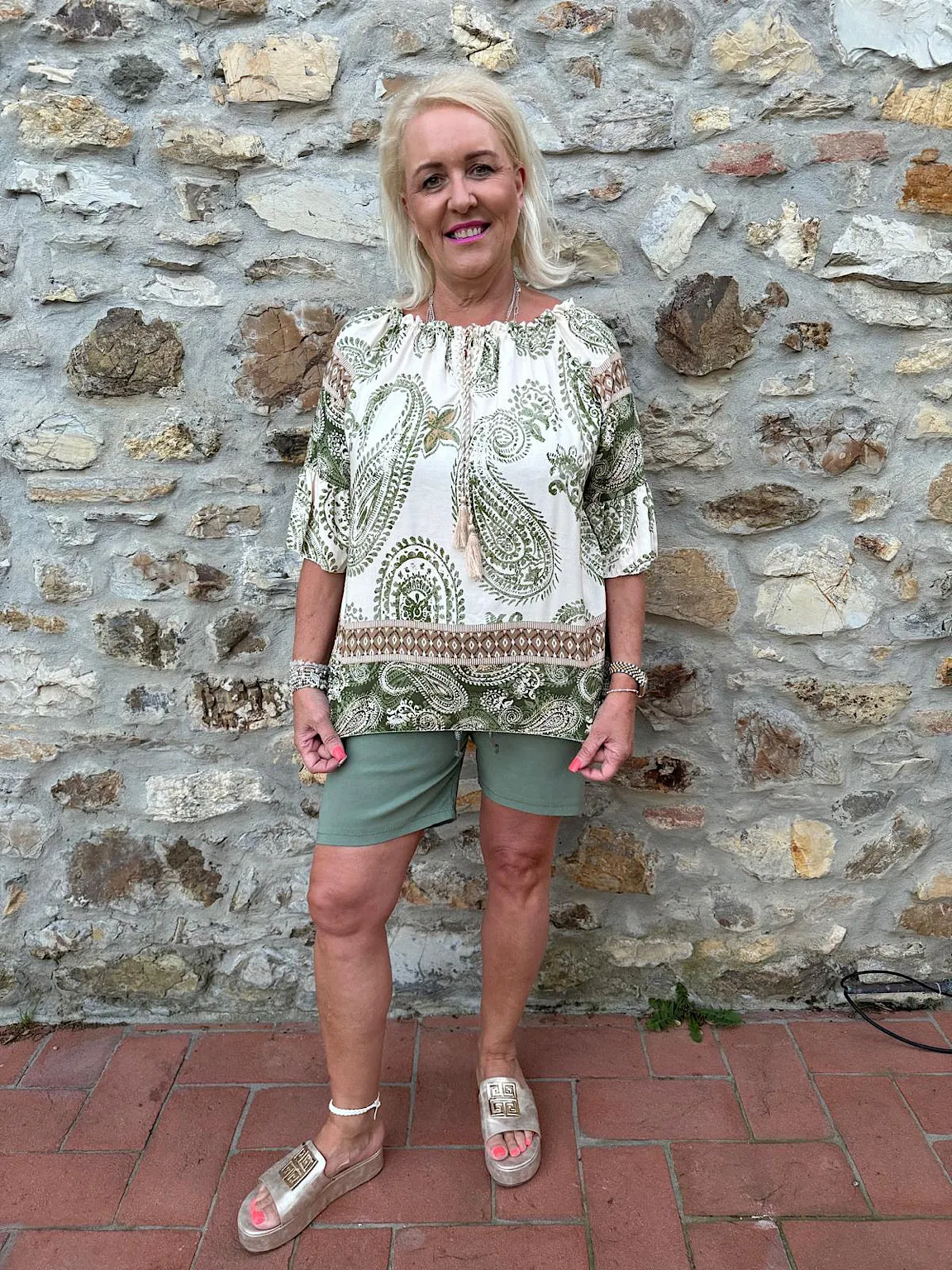 Khaki Paisley Bardot Tassel Blouse Maria