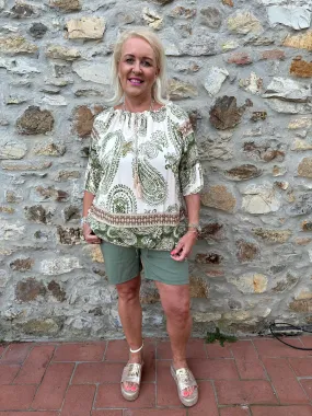 Khaki Paisley Bardot Tassel Blouse Maria