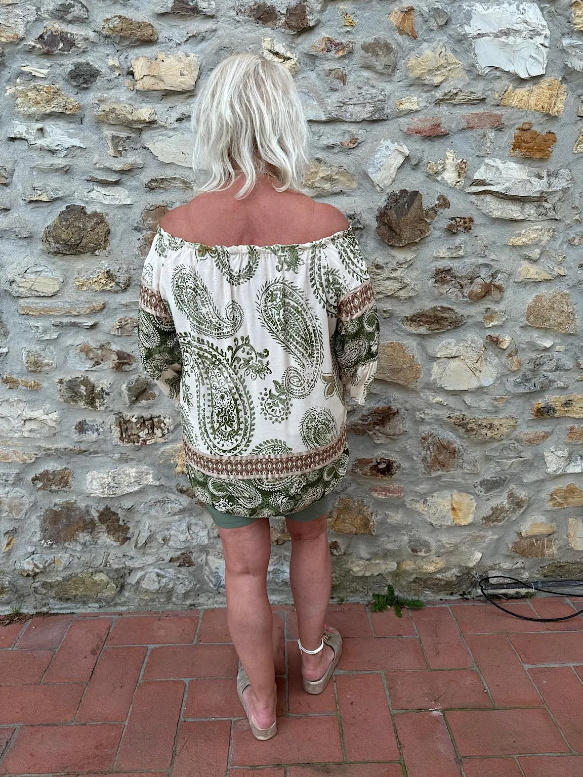 Khaki Paisley Bardot Tassel Blouse Maria