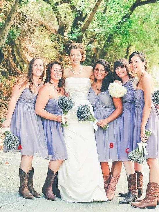 Lavender Chiffon Ruched Short Bridesmaid Dresses with Boots