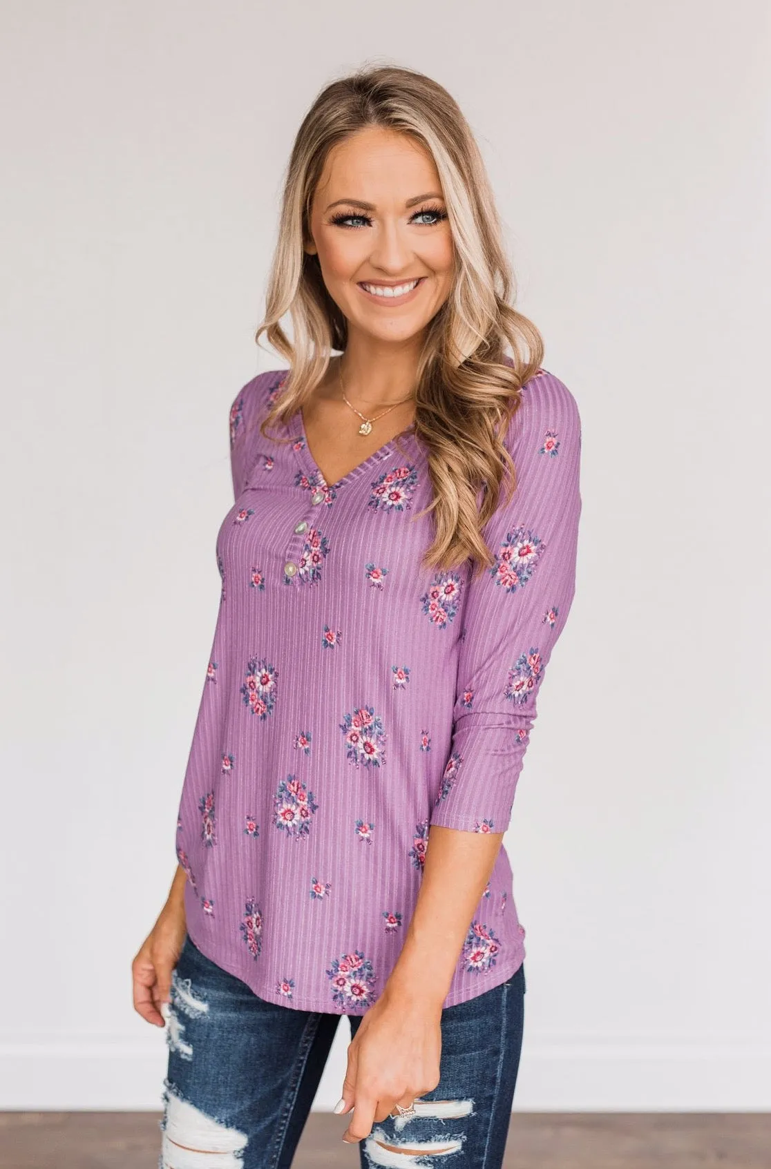 Looking Forward Floral Henley Top- Purple