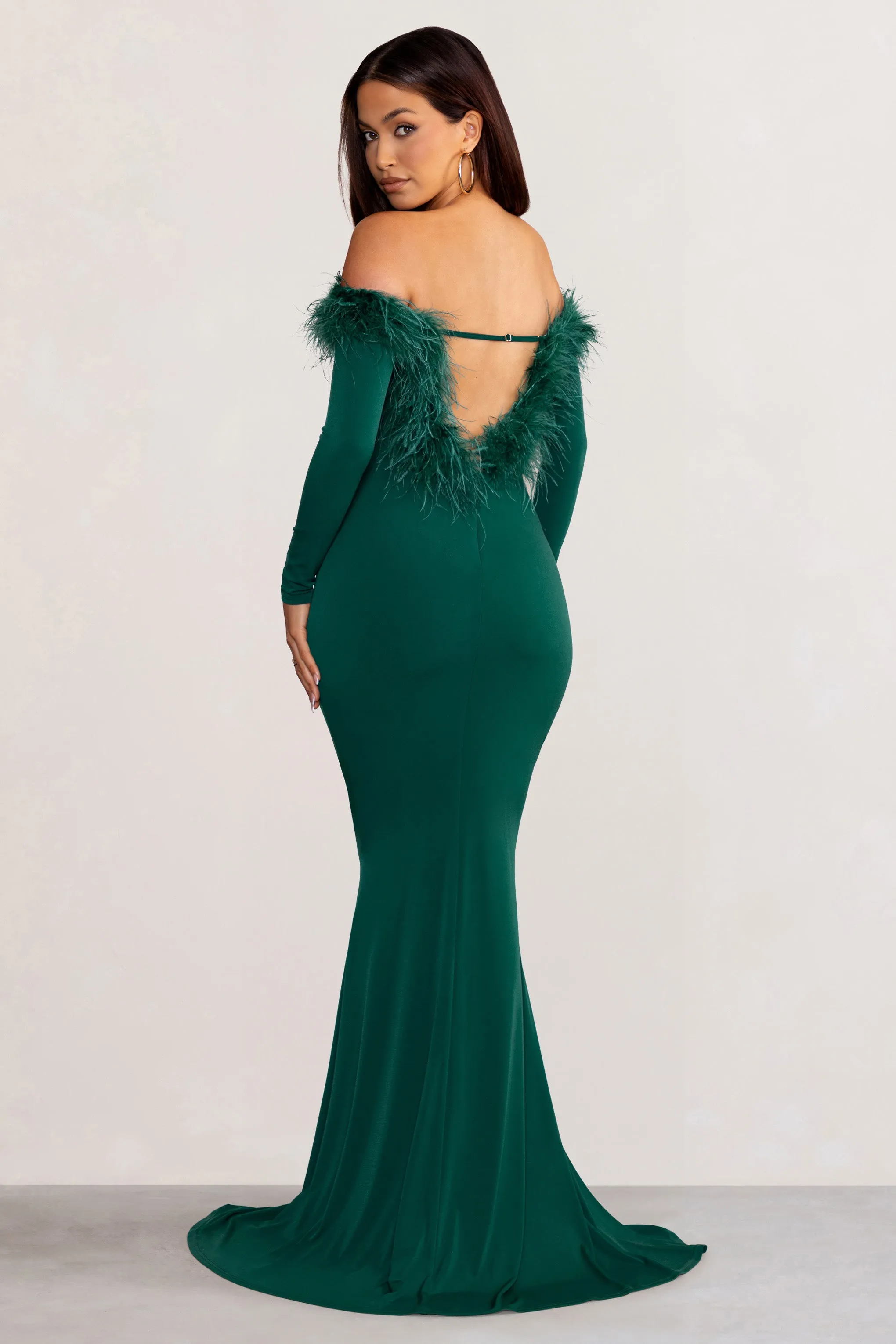 Lucilu | Bottle Green Feather Bardot Long Sleeve Maxi Dress with Side Split