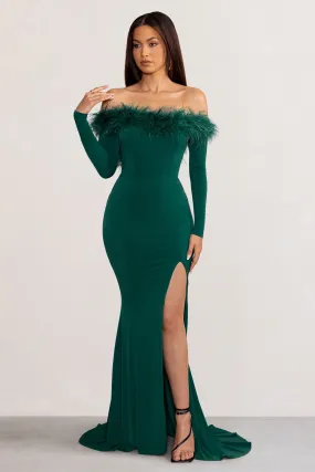 Lucilu | Bottle Green Feather Bardot Long Sleeve Maxi Dress with Side Split