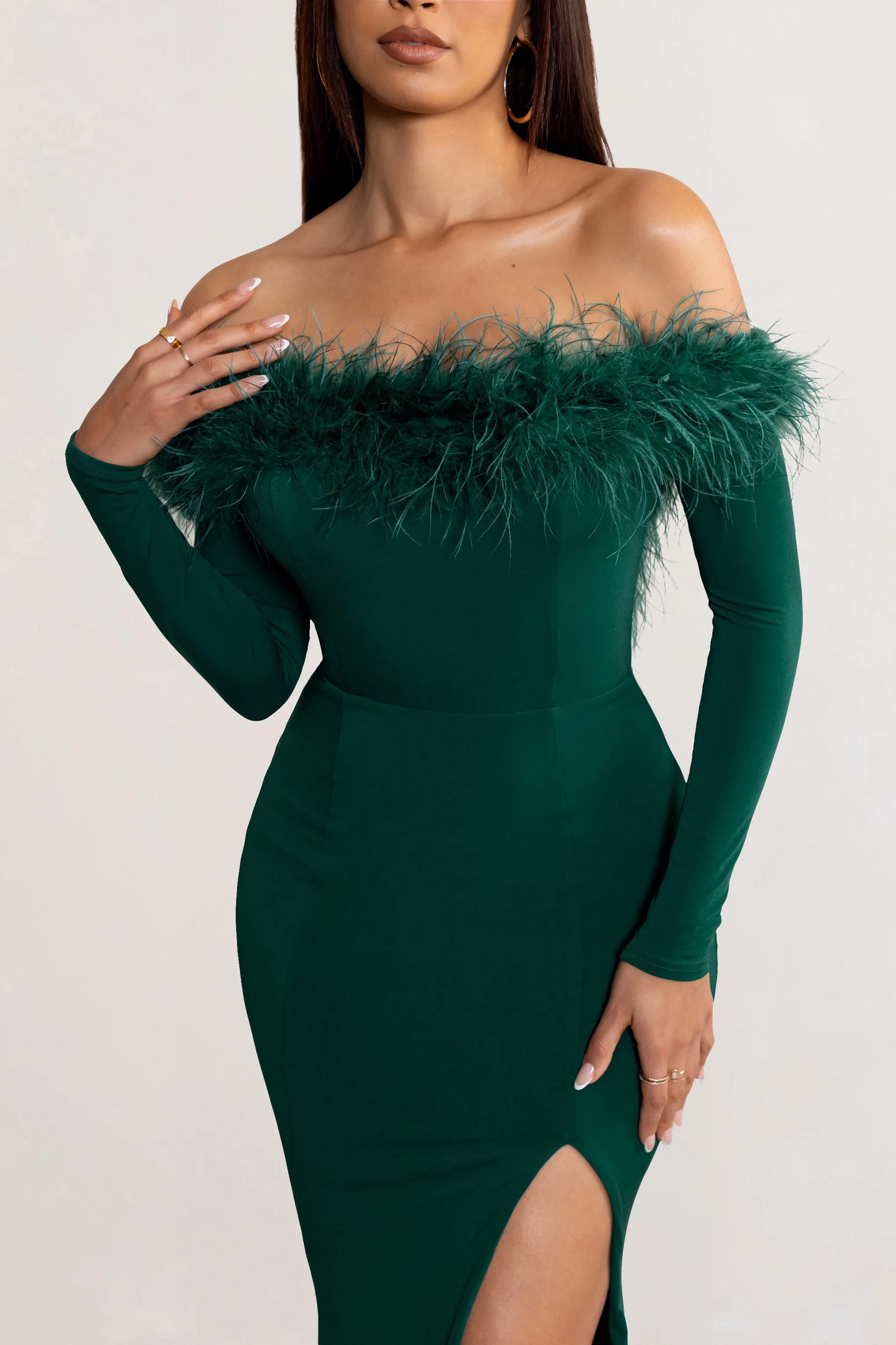 Lucilu | Bottle Green Feather Bardot Long Sleeve Maxi Dress with Side Split