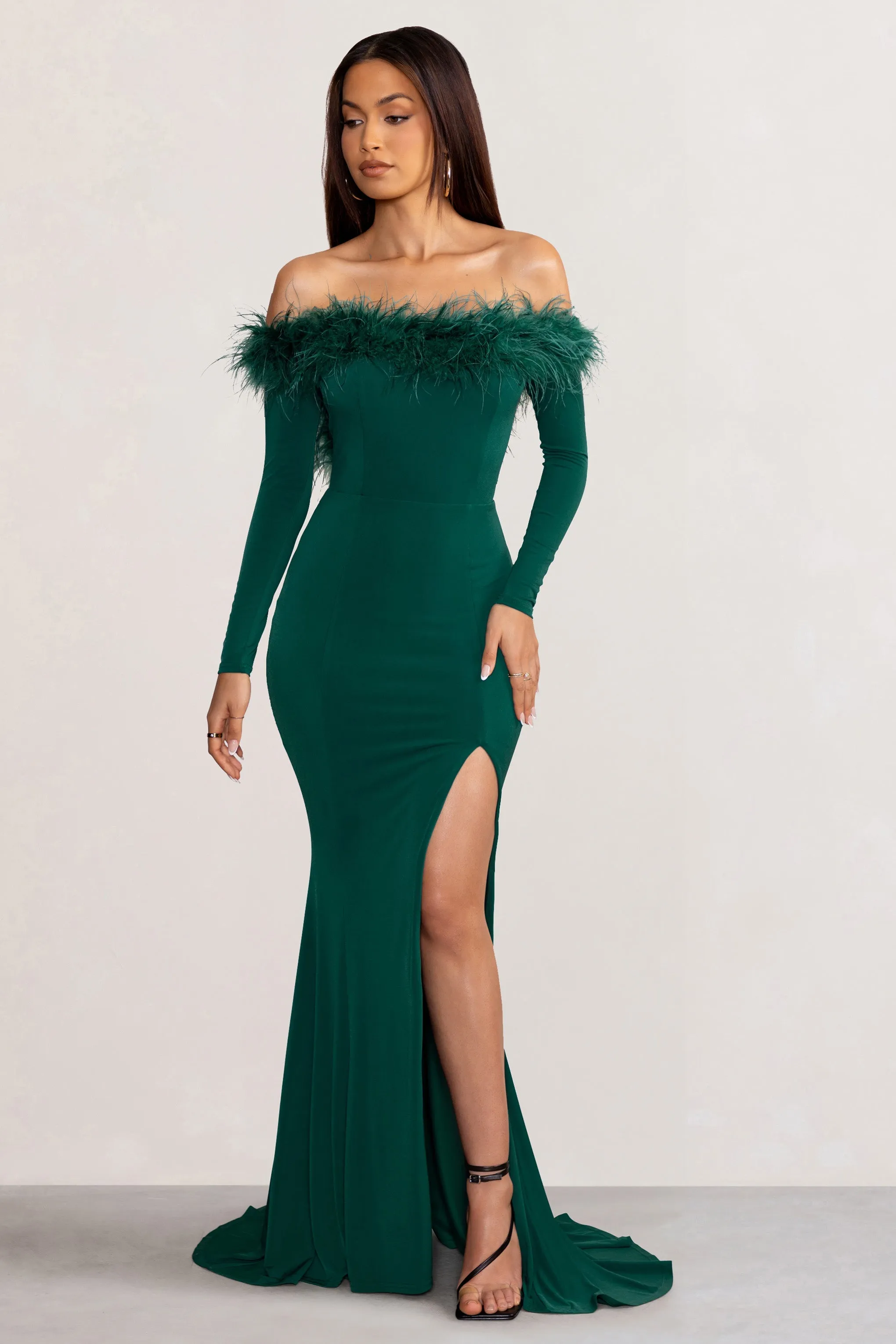 Lucilu | Bottle Green Feather Bardot Long Sleeve Maxi Dress with Side Split