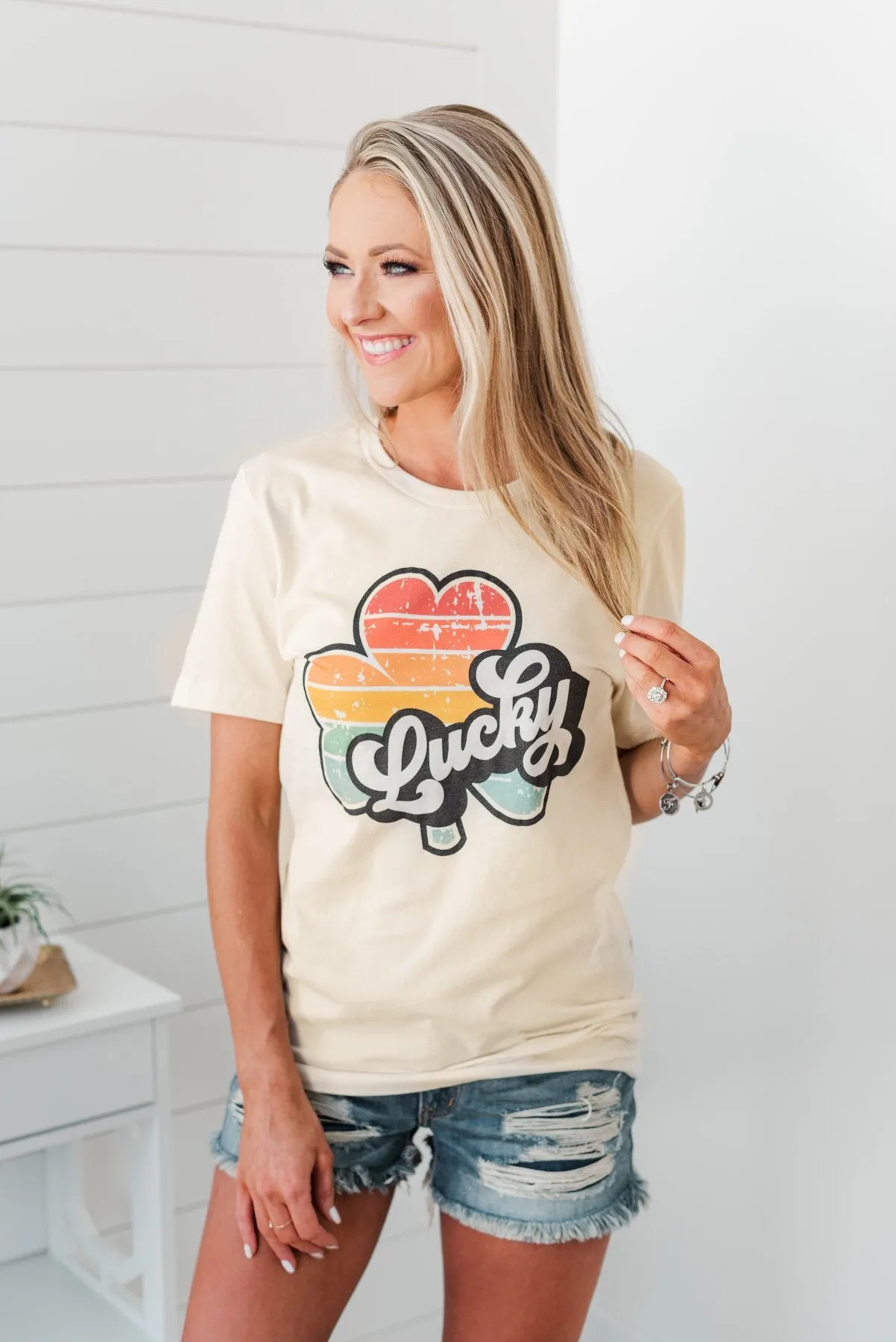 Lucky Striped Shamrock Retro Graphic Tee- Cream