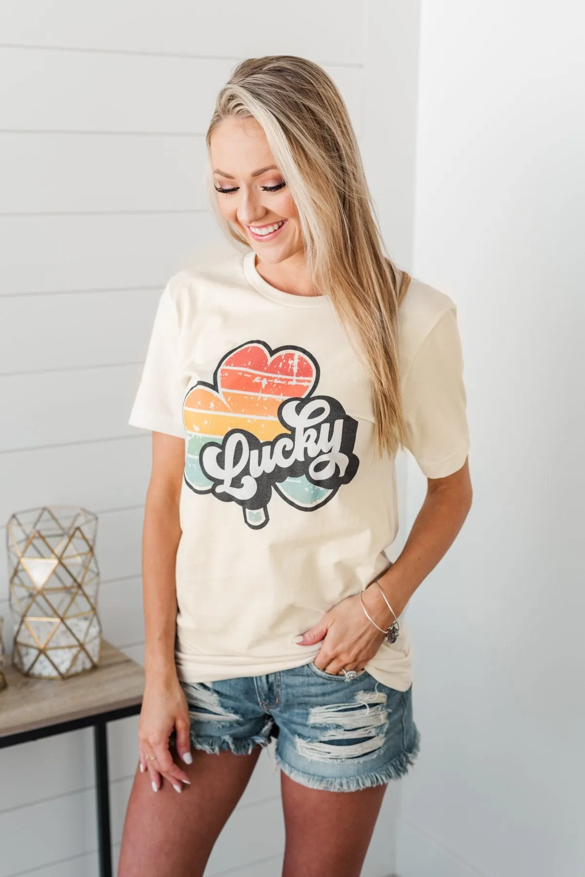 Lucky Striped Shamrock Retro Graphic Tee- Cream