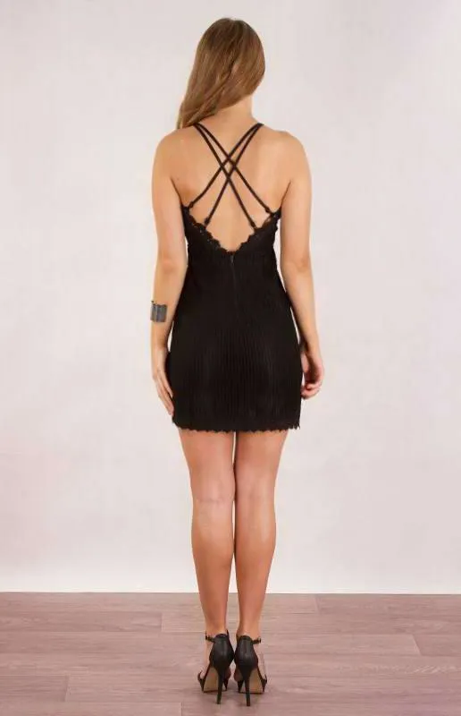 Mesh Stripe, Lace Trim Mini Dress (LEVD36)