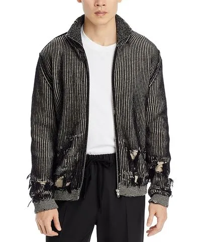 MM6 Maison Margiela Regular Fit Distressed Zip Up Wool Sweater