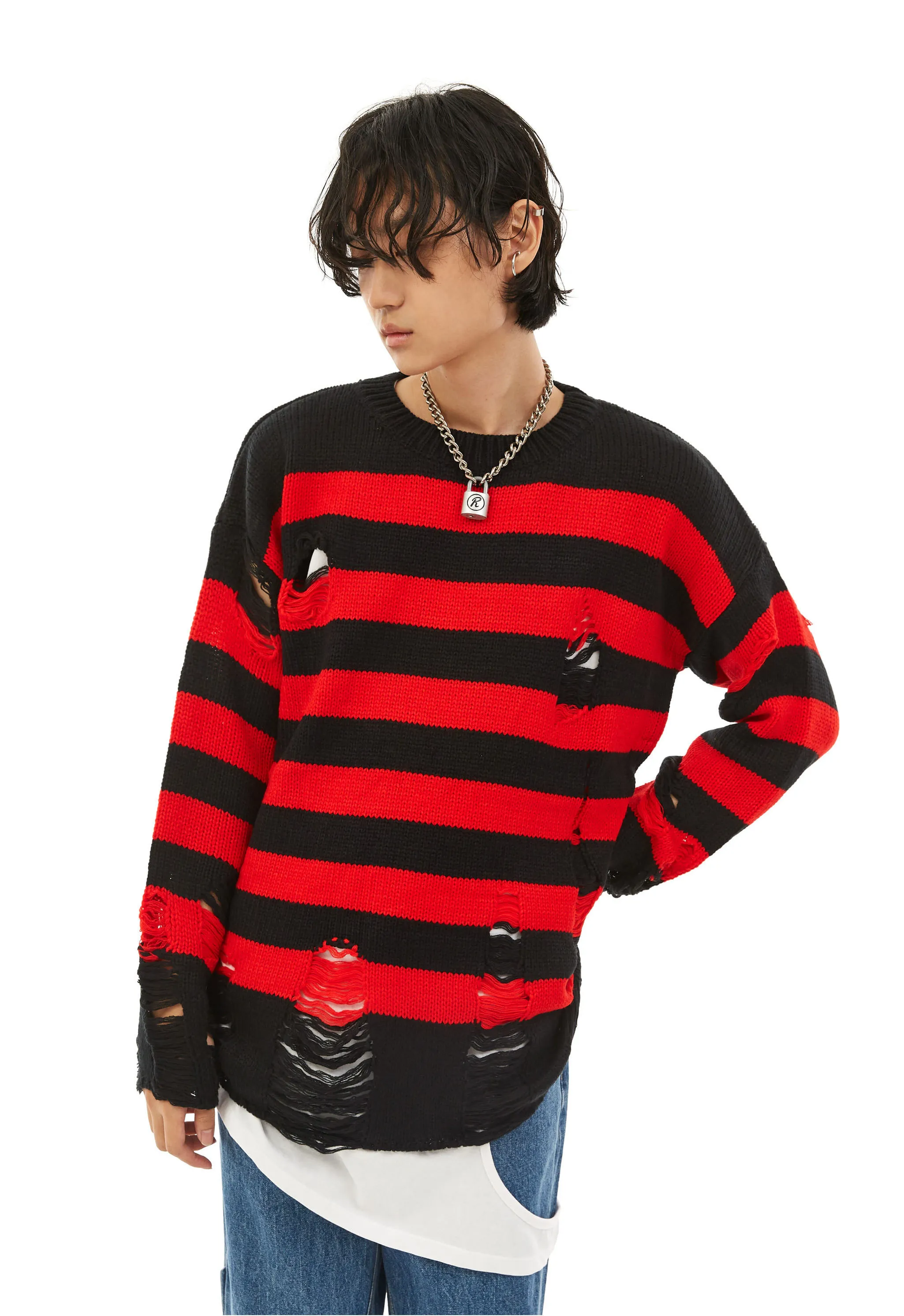 OPEN THE DOOR  |☆OPEN THE DOOR☆ destroyed stripe knit