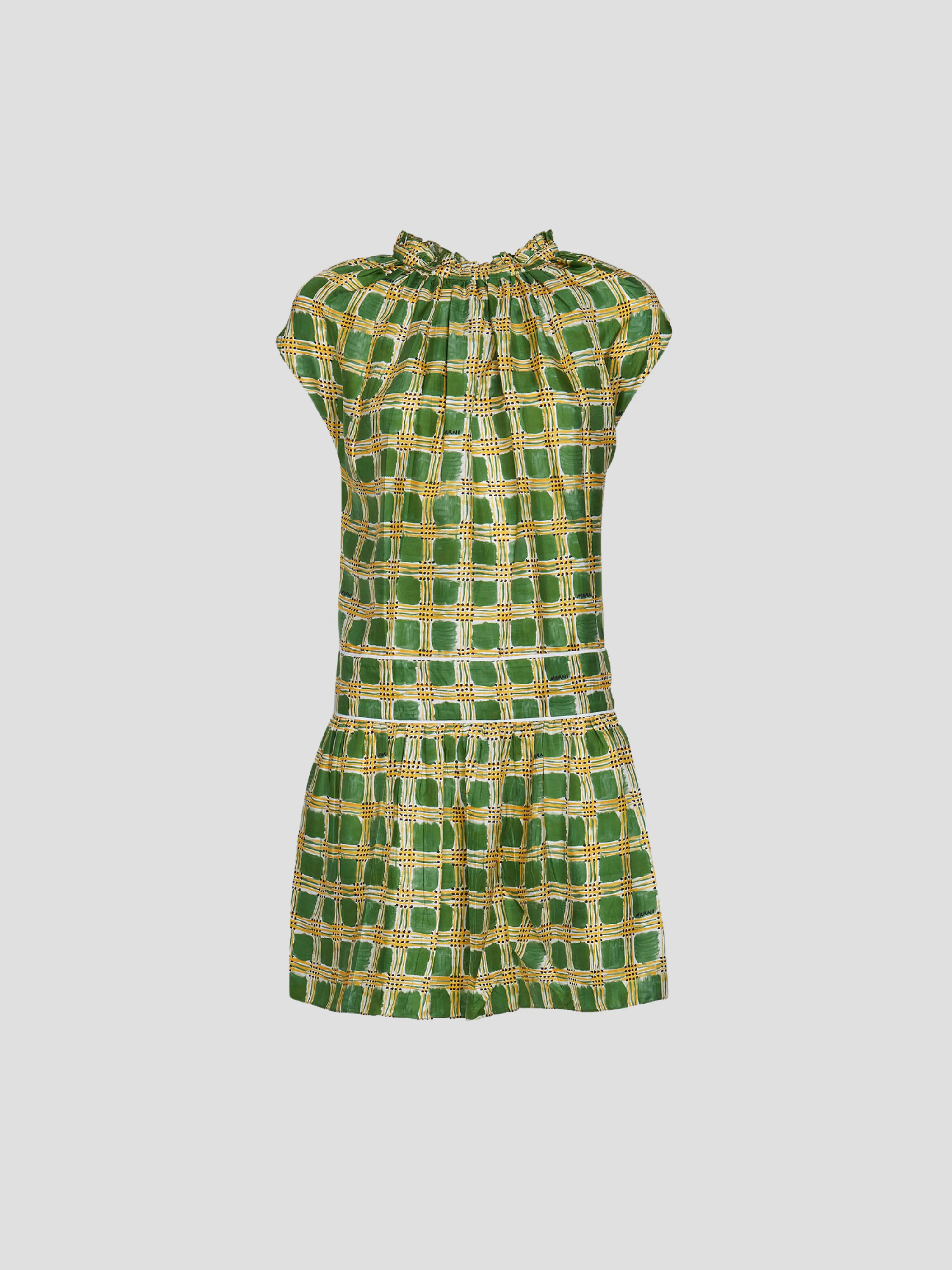 Short Sleeve Check Print Silk Mini Dress in Green