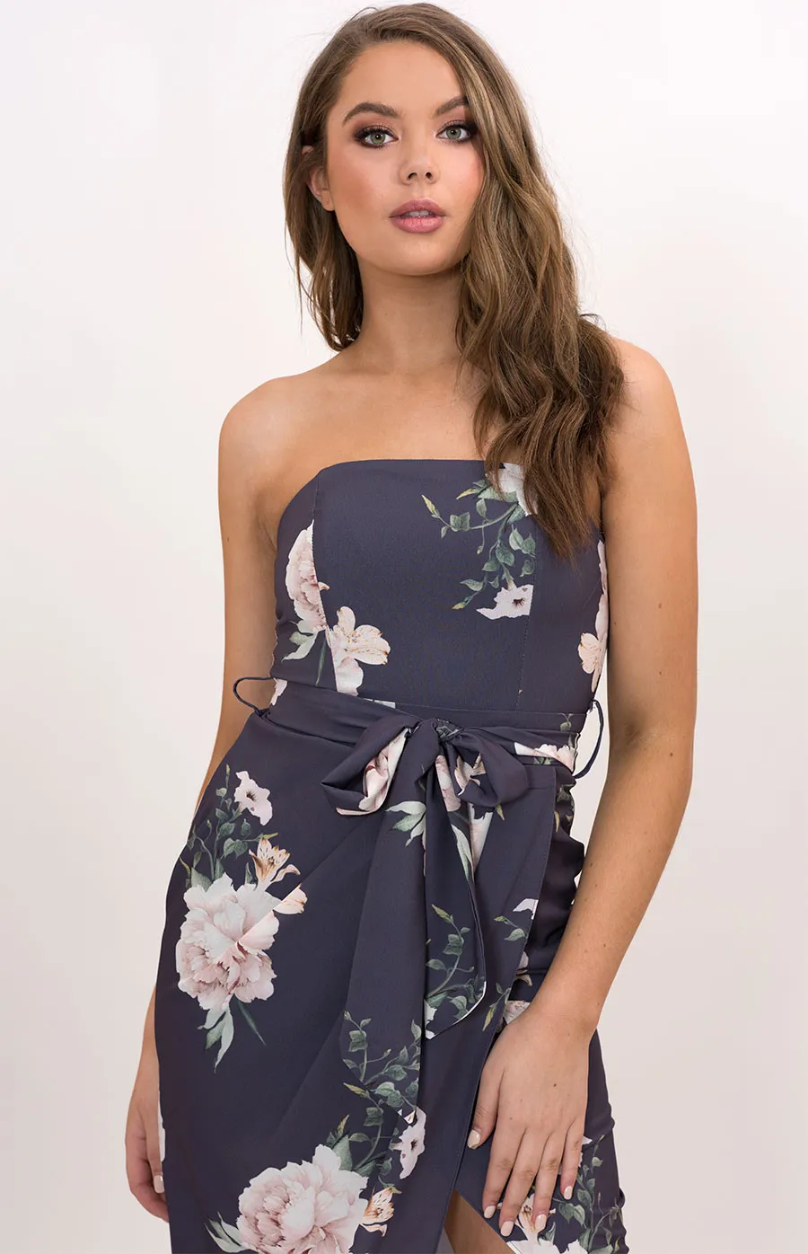 Strapless Floral Dress with Pleated Overlapping Skirt Feature (ADR806A)