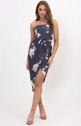 Strapless Floral Dress with Pleated Overlapping Skirt Feature (ADR806A)