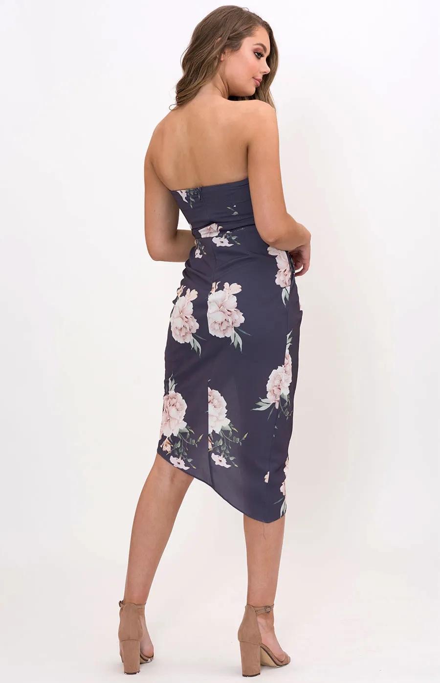 Strapless Floral Dress with Pleated Overlapping Skirt Feature (ADR806A)