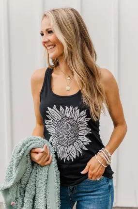 Sweet Sunflower Racerback Graphic Tank Top- Black