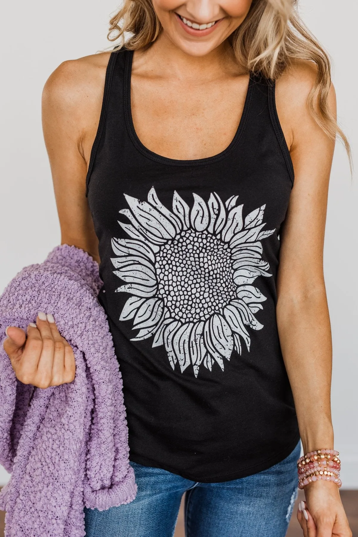 Sweet Sunflower Racerback Graphic Tank Top- Black