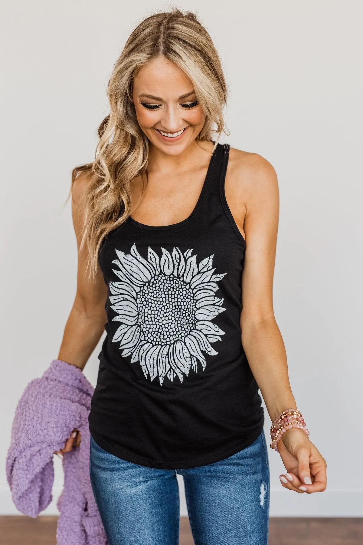 Sweet Sunflower Racerback Graphic Tank Top- Black