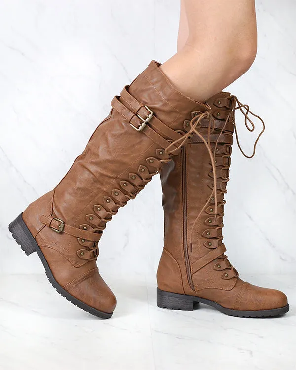 Tall Lace Up Combat Boots in Tan