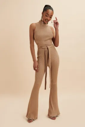 TAMARA Knitted Ribbed Open Back Jumpsuit In Camel